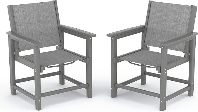 Amopatio HDPE Patio Dining Chair Set of 2 with Armrests - Textilene Outdoor Chair with Wide Seat for Poolside, All Weather UV Resistant Heavy Duty Patio Chair for Backyard Balcony & Deck(Gray)