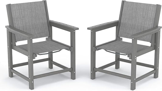 Amopatio HDPE Patio Dining Chair Set of 2 with Armrests - Textilene Outdoor Chair with Wide Seat for Poolside, All Weather UV Resistant Heavy Duty Patio Chair for Backyard Balcony & Deck(Gray)