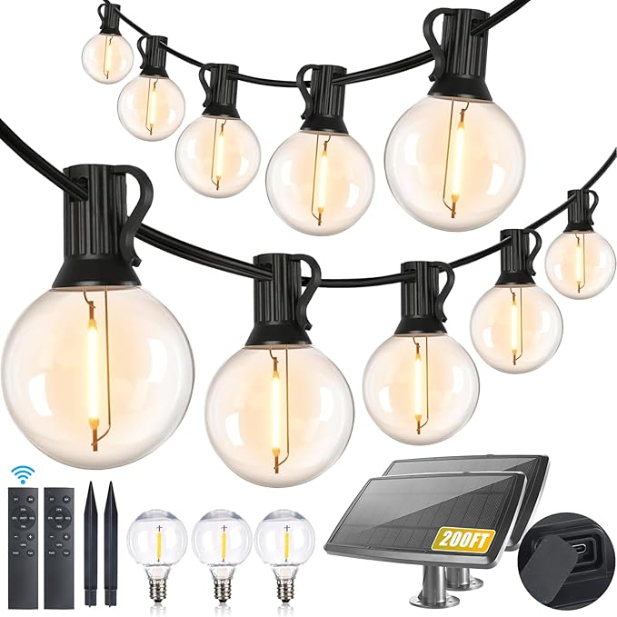 Yusist 200FT Solar String Lights Outdoor Waterproof with Remote,G40 Solar Powered String Lights with 60+3 LED Shatterproof Bulbs, Dimmable Solar Patio Hanging Lights for Outside Backyard Party