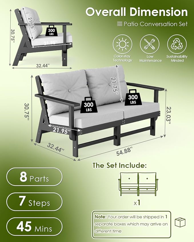 GREENVINES Outdoor-Loveseat | HDPE Plastic | Patio Furniture | All Weather Couch | Sofa with Detachable Armrests | for Porch Deck Lawn | Black Frame Light Gray Cushion
