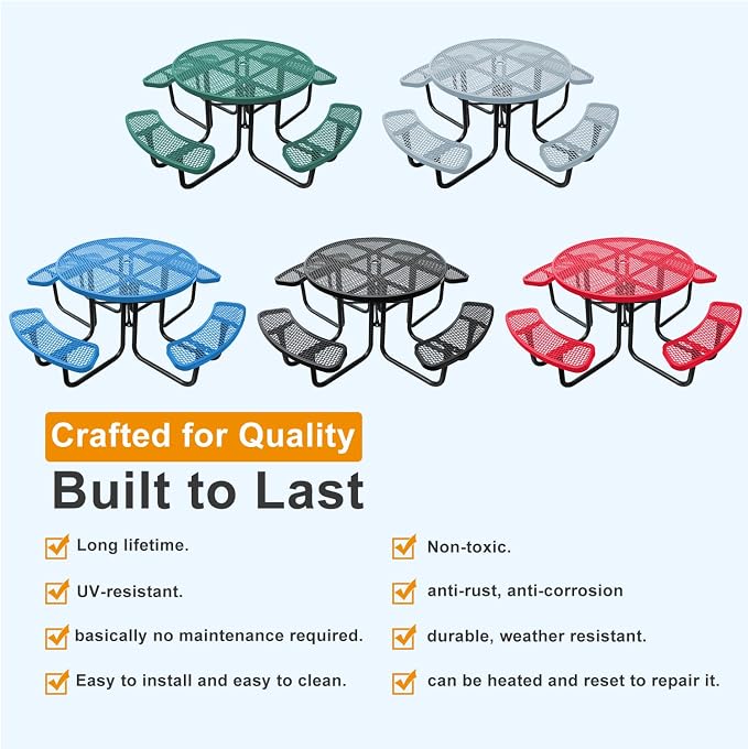 46In Round Outdoor Picnic Table – Heavy-Duty Commercial Steel Table with Thermoplastic Coating, Weatherproof & Rust-Resistant, Perfect for Parks, Patios, Schools & Campgrounds (red)