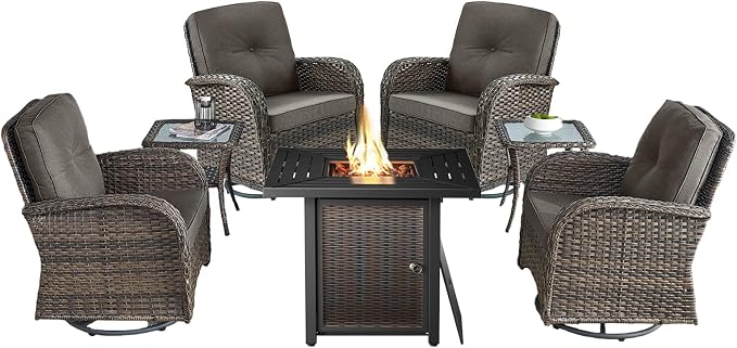 7 Pieces Patio Furniture with Fire Pit-High Back Swivel Patio Chairs Set of 4 with Outdoor Side Table Outdoor Patio Furniture Set for Deck Porch Garden Balcony Poolside-Brown/Grey