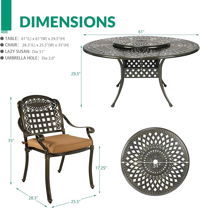 VIVIJASON 9-Piece Outdoor Furniture Dining Set, Rust-Free Cast Aluminum Patio Conversation Set, Include 8 Cushioned Chairs & 61" Round Dining Table with 31" Lazy Susan, Umbrella Hole, Khaki
