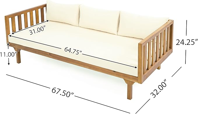 Christopher Knight Home Charm Patio Conversation Set, 3 Seater Acacia Wood Sofa, Spacious Seating Daybed, Wood Coffee Table, Round Side Table, Outdoor Furniture for Backyard Garden Gathering, Beige