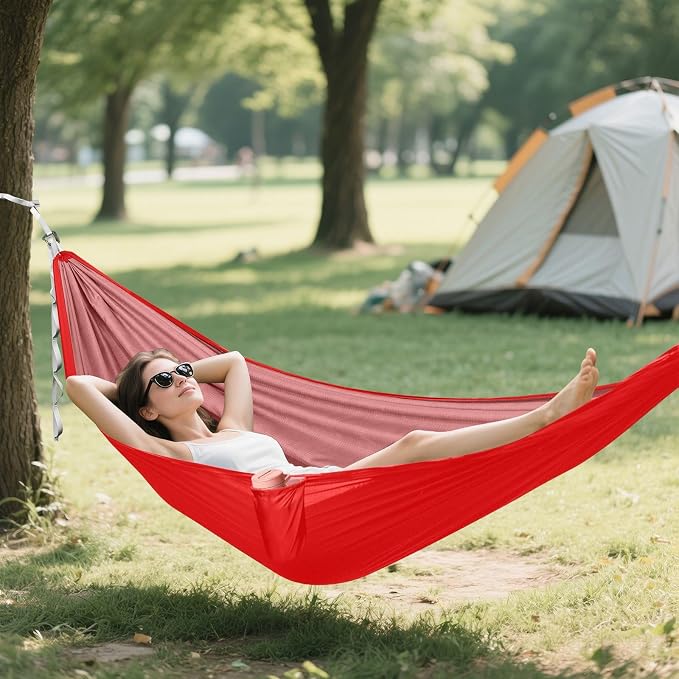 Red Solid Color Camping Hammock, Portable Lightweight Single Hammock with Tree Straps and Aluminum Carabiners, 114" x 54" Travel Hammock for Hiking Backpacking Beach