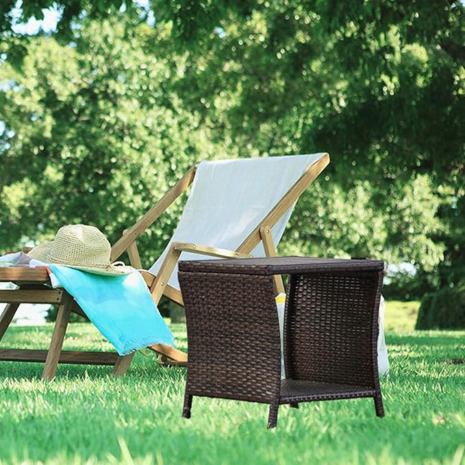 Outdoor Patio Side Table Set of 2 Small Brown Wicker Rattan End Table for Outside Storage Coffee Table with Poly Lumber Table Top for Garden Lawn Pool Porch Deck