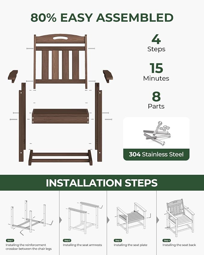 Outdoor Patio Dining, All-Weather HDPE Chair Fade-Resistant, and Low Maintenance for Backyard, Garden, or Patio, Brown
