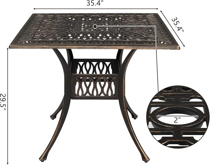 VINGLI 5-Piece Outdoor Patio Dining Set, Cast Aluminum All-Weather Outdoor Table and Chairs w/Cushion, Outdoor Furniture Set w/Umbrella Hole for Backyard Deck Poolside (Square, Grid Back)