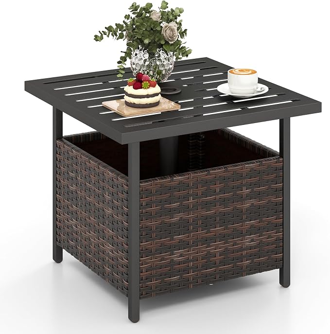 HAPPYGRILL Wicker Patio Umbrella Table with 1.57” Umbrella Hole, Outdoor Rattan Side Table with Heavy Duty Metal Frame, 22” Square PE Rattan End Table for Deck Backyard Poolside (Mix Brown)