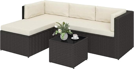 Outsunny 3 Piece Patio Furniture Set, Deep Seating Wicker Rattan Outdoor Conversation Set with Cushions, Glass Top Coffee Table for Garden, Porch, Backyard, Beige