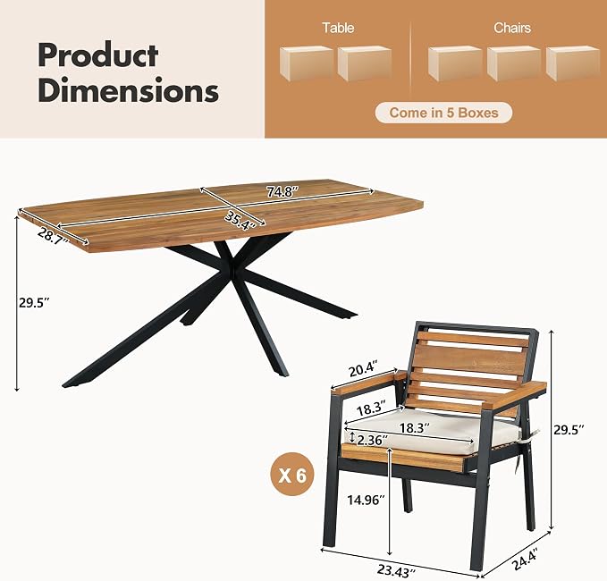Outdoor 7-Piece Patio Dining Set, Acacia Wood with Iron Frame, All-Weather Rectangle Table and 6 Chairs with Dual-Layer Iron & Wood Seat Frame and Cushions for Backyard Poolside (Beige-5.14G)