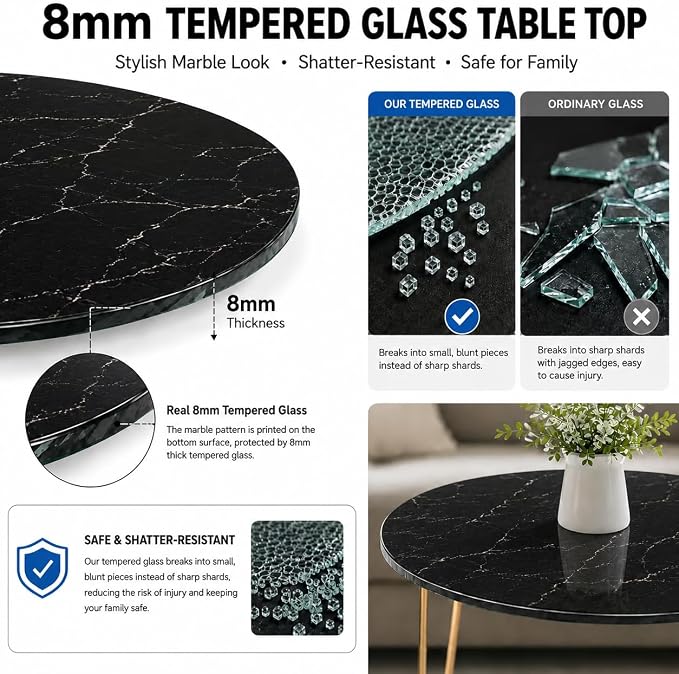 28" Round Tempered Glass Table Top, 5/16" (8mm) Thick, Marble Pattern Replacement, Heavy-Duty, Heat & Scratch Resistant for Coffee, Dining & Patio Tables, Black
