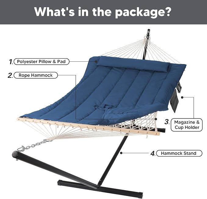 SUNCREAT Double Hammock with Stand, 2 Person Outdoor Hammock with Reversible Pad, Black Hammock Storage Bag, Heavy Duty Carrying Bag