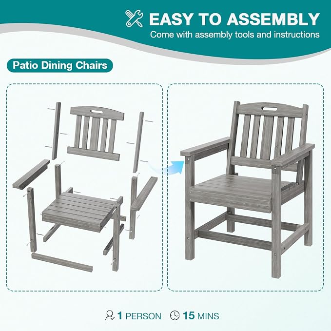 Mdeam 7-Piece HIPS Outdoor Dining Set, 66.9" Marble Texture Patio Table with Umbrella Hole, 440LBS Capacity, 6 Wider Chairs,Dining Table Set for 6, Outdoor Furniture with Galvanized Steel Frame, Grey