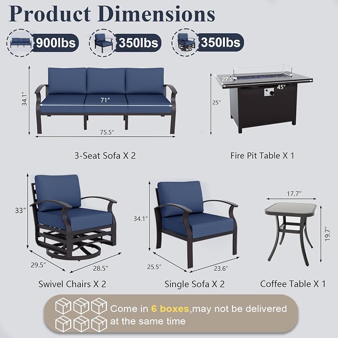 ALAULM Aluminum Patio Furniture Set with Propane Fire Pit Table - 10-seat Metal Outdoor Furniture w/Fire Pit Patio Sectional w/5.1" Cushions for Backyard, Poolside - Dark Blue