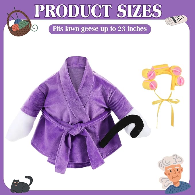 Shyyween Old Lady Porch Goose Outfits Purple Bathrobe Goose Clothes with Curlers Crutch, Cute Geese Costume for 23 Inch Cement Plastic Statue Lawn Yard Decor