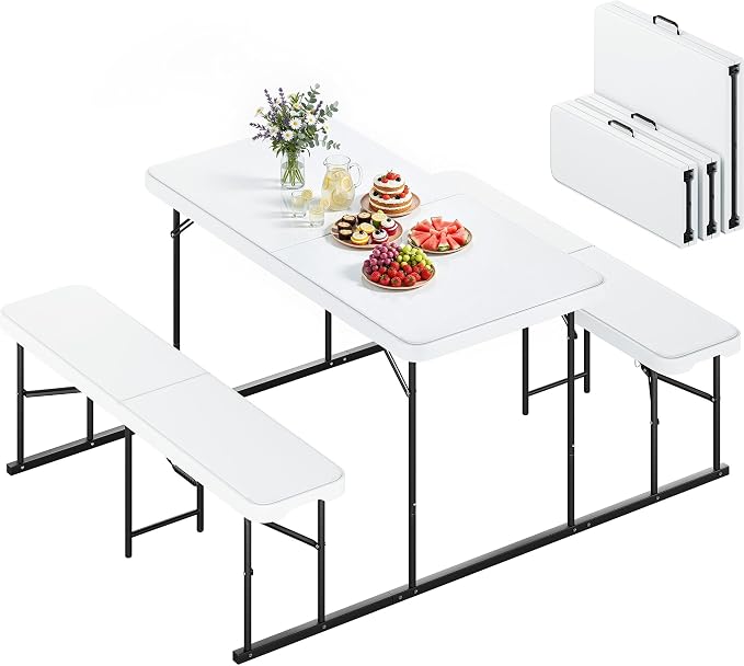 YITAHOME 4.5ft Folding Picnic Table with Benches, Heavy Duty 4.5 ft Picnic Tables for Outdoors, Portable Outdoor Table with Center Lock & Non-Slip Feet for Backyard, Camping, Beach, White