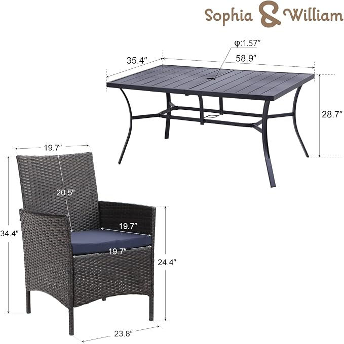 Sophia & William 7-Piece Patio Dining Set, Metal Table, PE Wicker Chairs | All Weather Patio Table and Chairs Set for 6, Perfect for backyard, deck, porch