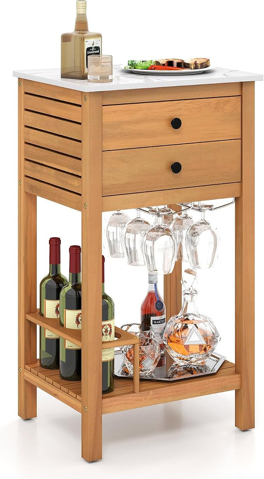 Goplus Outdoor Side Table, Acacia Wood Bar Table w/Marble-Like Countertop, 2 Storage Drawers, Bottom Shelf, Glass & Wine Holders, Small Buffet Sideboard for Patio, Backyard, Garden, Deck Corner