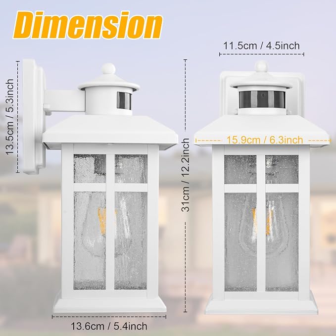 2 Packs Motion Sensor Outdoor Lights, Outside Light Fixtures for House | Porch Lights Outdoor with E26 Sockets & Tempered Glass, Dusk till Dawn Waterproof Exterior Wall Lights Motion Sensor, White