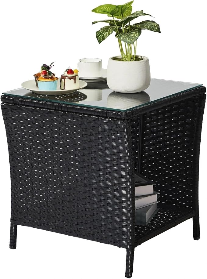 HOMSUPPLIE'S Outdoor Rattan Side Table with Storage, Square Patio Coffee Table w/Tempered Glass Top, Wicker End Table for Porch, Balcony, Poolside & Backyard(Black,Tempered Glass sty.3)