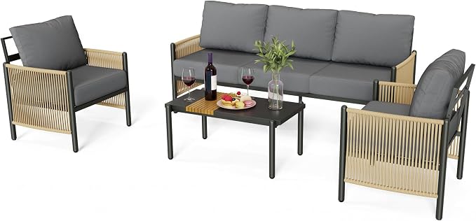Aluminum Patio Furniture Set, 5 Seats Outdoor Patio Furniture with Coffee Table, Outdoor Wicker Conversation Sets with Cushion for Backyard, Balcony,Porch,Dark Grey