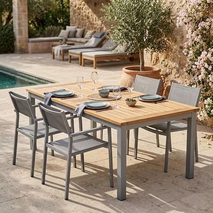 Hives & Honey Catalina Rectangular Outdoor Dining Table, Grade-A Teak Wood Patio Table with Aluminum Legs & Umbrella Hole, Seats 4–6, Grey