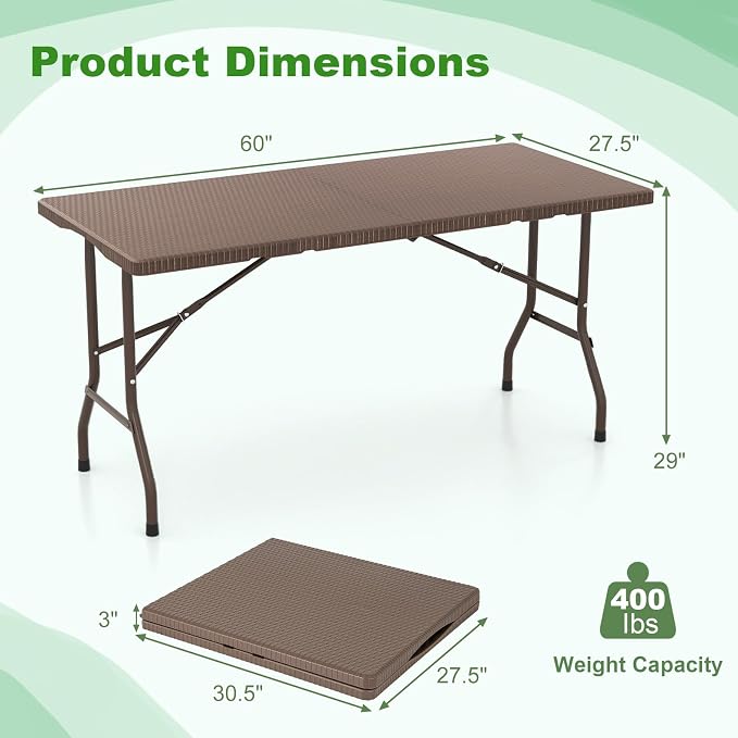Tangkula 5FT Folding Table, Indoor Outdoor Foldable Plastic Table with Rattan Textured HDPE Tabletop, Sturdy Metal Fame, Carrying Handle, 4-6 Person Picnic Table for Camping BBQ Party