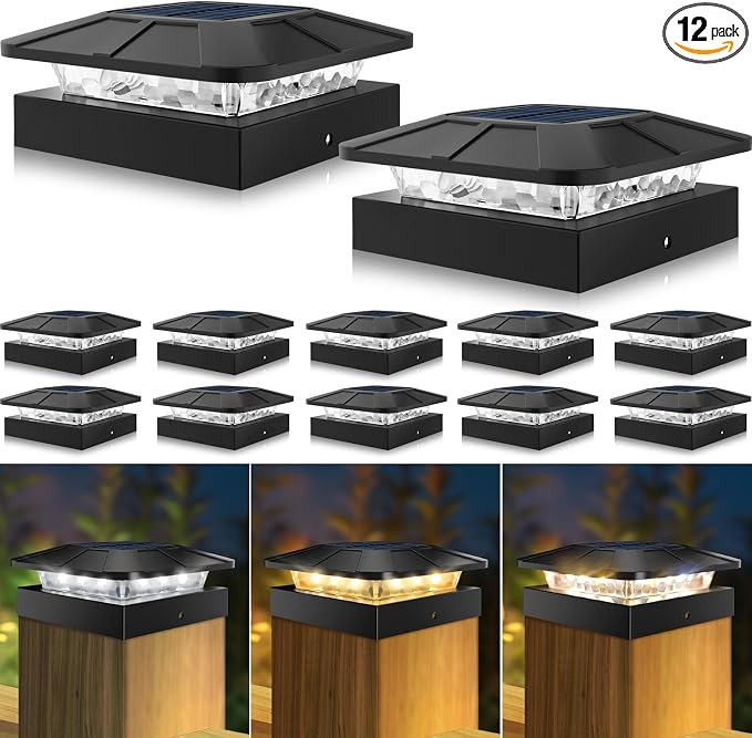 4x4 Solar Post Cap Lights 12 Packs, 3 Lighting Modes Fence Caps Light Fits 4×4/3.5×3.5 Wood/Vinyl Posts, Waterproof Post Top Lighting for Outdoor Deck Mailbox Porch Railing