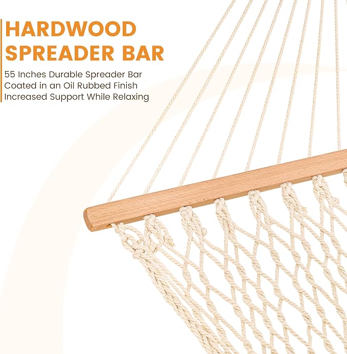 Lazy Daze Hammocks 12FT Double Rope Hammocks, 2 Person Hand Woven Cotton Hammock with Spreader Bar for Outside, Patio, Poolside, FIT 13-15 FT Stand, Max 450 Lbs, Natural, 141 x 57 inches