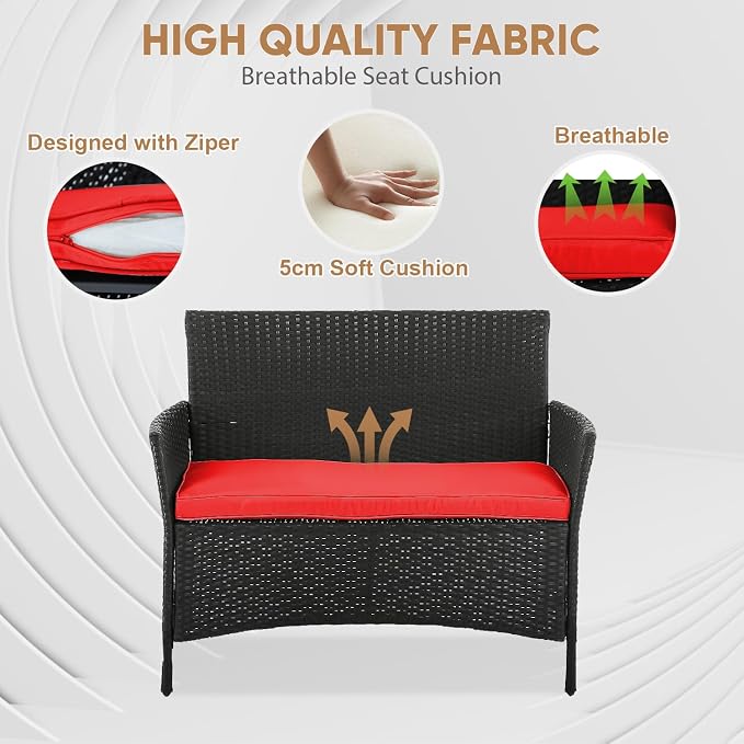NChanmar Patio Furniture Set, 4 Pieces Outdoor Furniture Rattan Chair, Patio Table and Chairs Set, Wicker Sofa for Yard,Pool and Backyard, Red