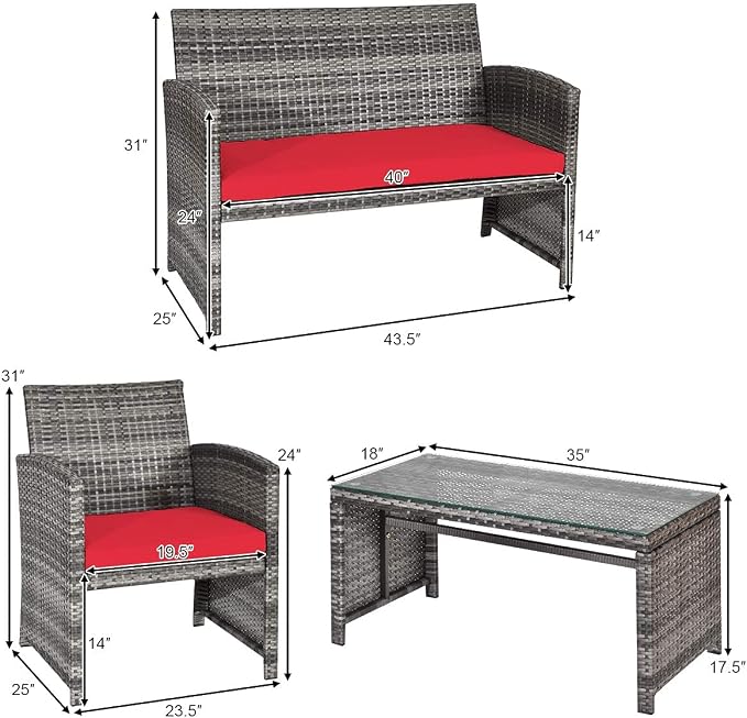 DORTALA 4 Piece Patio Furniture Set, Outdoor Wicker Conversation Set with Soft Cushions & Tempered Glass Coffee Table, Rattan Patio Sofa Bistro Sets for Courtyard Balcony, Red