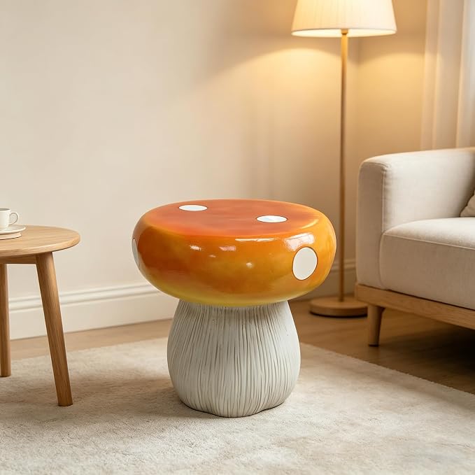13.8" Mushroom Resin Stool, Novelty Fruit Side Table & Plant Stand, Whimsical Indoor Outdoor Garden Patio Decor, No Assembly Required (Orange Mushroom)