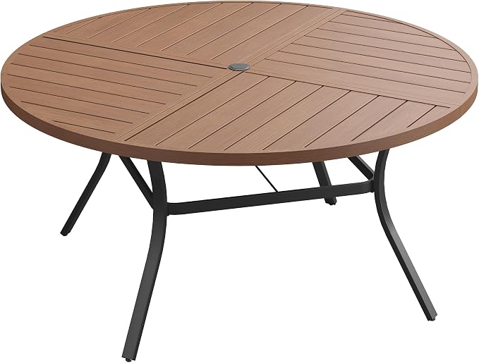 VICLLAX 50" Round Outdoor Table, Patio Dining Table for 6 with Umbrella Hole for Garden Lawn Deck Backyard, Walnut