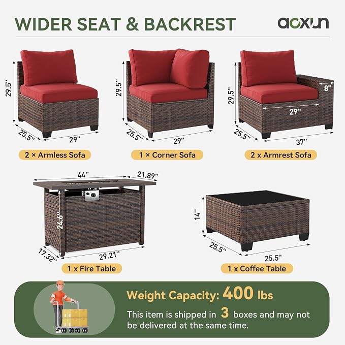Aoxun Outdoor Furniture with 44'' Fire Pit, 7 Pcs Patio Furniture Set with 4in Thicken Cushion, Widen Armrests Wicker Outdoor Sectional for Backyard (Waterproof Cover Include)