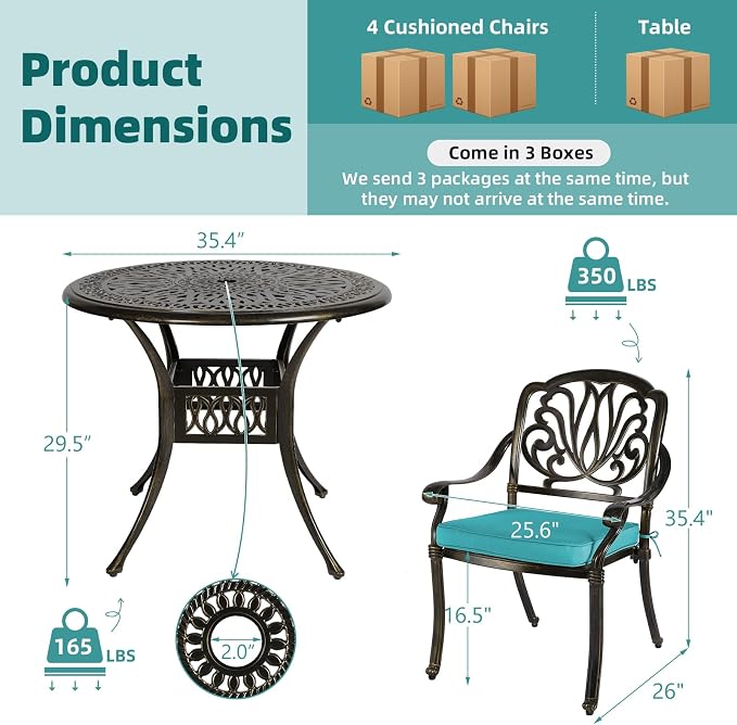 MEETWARM 5 Piece Outdoor Furniture Patio Dining Set, All-Weather Cast Aluminum Patio Table and Chairs Set- 4 Cushioned Chairs, 1 Round Dining Table with Umbrella Hole for Backyard, Ocean Blue