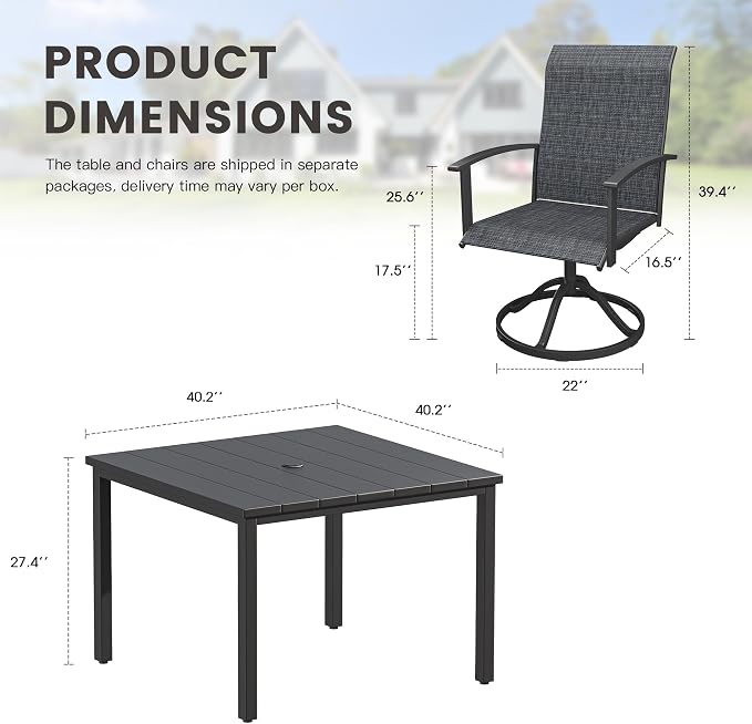 5 Pieces Patio Dining Set, Outdoor Furniture of 40.2" Square Patio Table and Patio Swivel Chairs for Backyard Lawn Garden, Black Table and Black Chairs