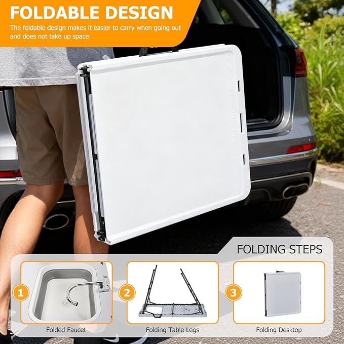Vasitelan Folding Fish Cleaning Table,Folding Camping Kitchen Table with Sink & Sprayer,Collapsible wash Basin,Outdoor Sink Station with Hose, Camping Sink