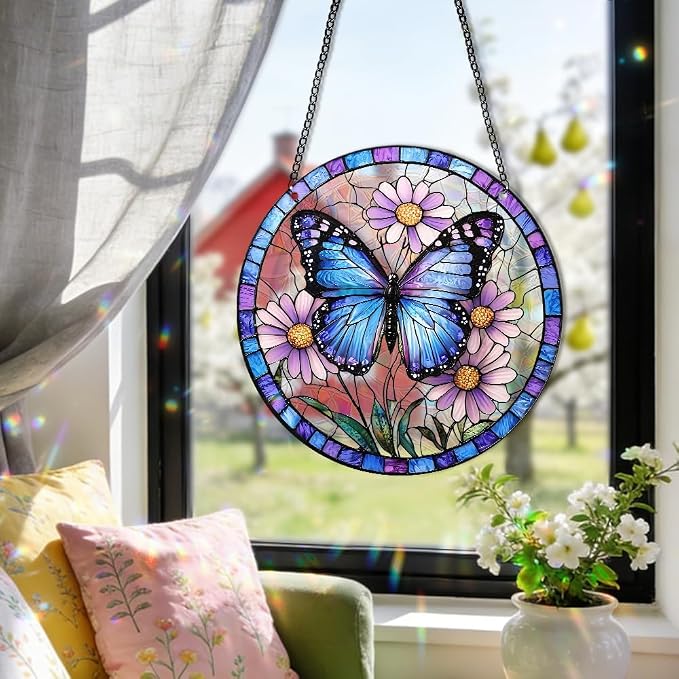 8 Inch Acrylic Window Hanging, Butterfly Flower Stained Glass Suncatcher, Window Decor, Plant Lover Gift for Women, Best Friend, Family, Colleague, Classmate (232)