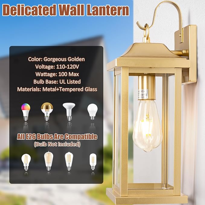 17 Inch Large Gold Outdoor Sconces Wall Lighting 2-Pack | ETL Listed Outside Wall Mounted Lamps Brass, Porch Lights Exterior Light Fixtures, IP65 Waterproof Anti-Rust