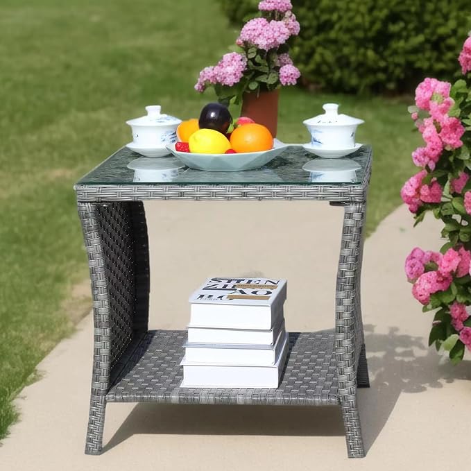 Outdoor Rattan Patio Side Tables, Wicker Table with Clear Tempered Glass Top, Patio End Tables with Storage Shelf, Outdoor Small Tables for Patio,Porch,Balcony,Backyard (Grey, 19.25 Inch)