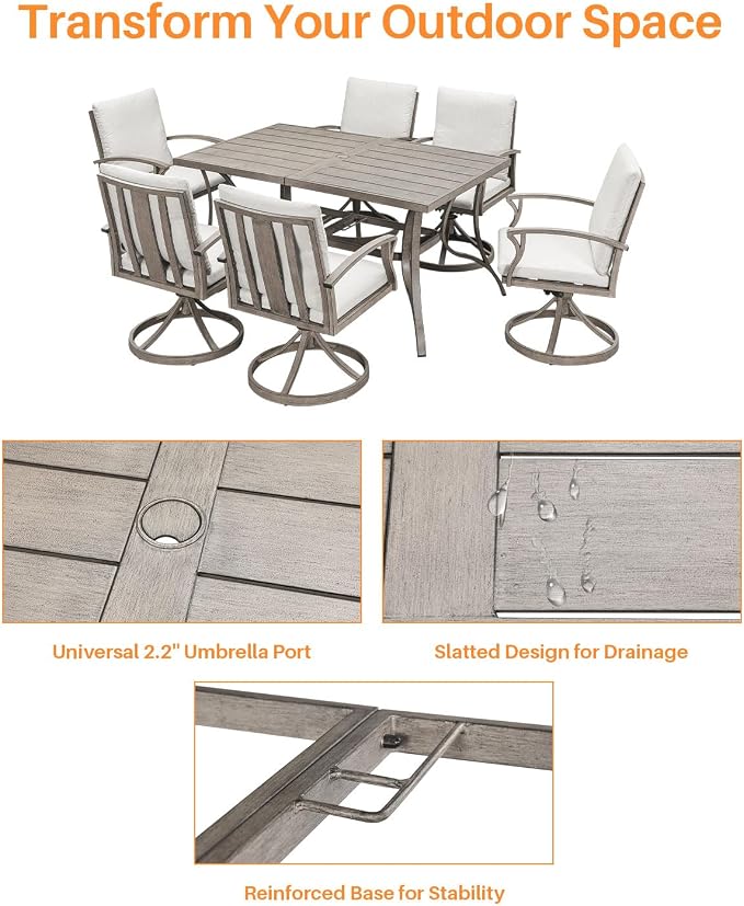 7-Piece Patio Swivel Dining Set for 6, Never Rusts Aluminum Outdoor Dining Set, Patio Dining Furniture with Cushions, Outdoor Table and 6 Swivel Chairs for Deck Garden Yard, Limed Oak