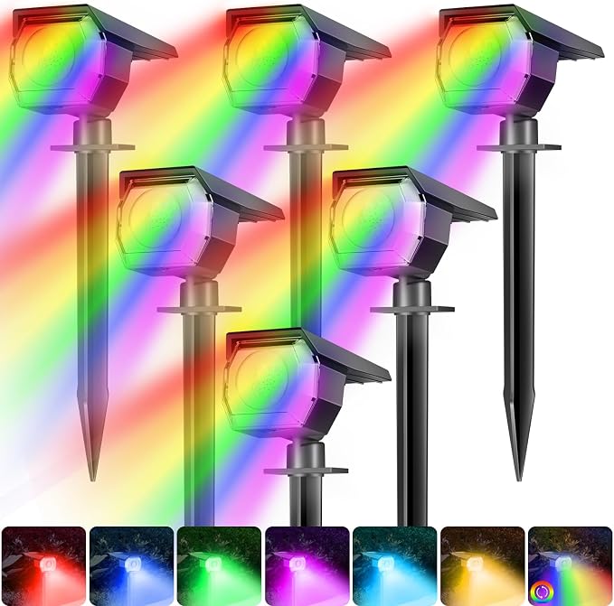 Solar Spot Lights Outdoor Color Changing, Halloween RGB Spotlights | 6 Pack/7 Modes, Waterproof, Solar Powered, Landscaping, Lighting for Outside Pathway Yard Wall Garden Walkway
