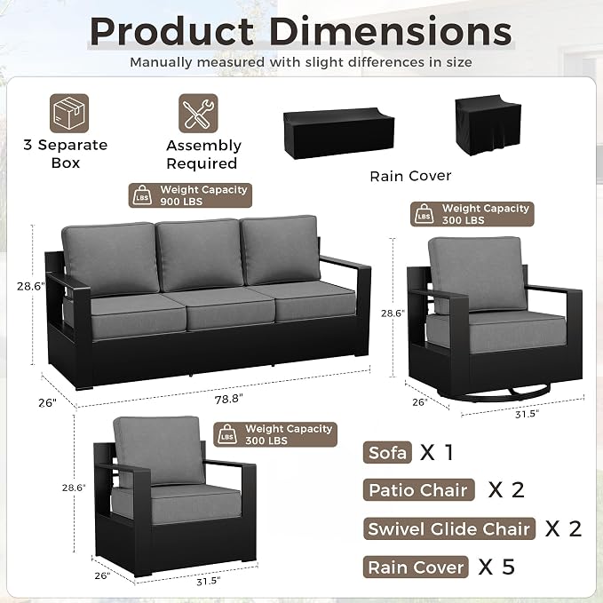 Outdoor Patio Furniture Set, 5-Piece Aluminum Patio Conversation Set All-Weather Metal Outdoor Sectional with 6 Inch Thick Cushions, Deep Setting for Garden, Outside and Porch, Grey