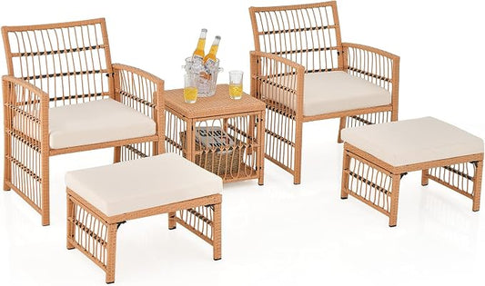 Tangkula 5 Piece Patio Wicker Sofa Set, Outdoor Rattan Conversation Set with Seat Cushions, 2-Tier Coffee Table & 2 Ottomans, Wicker Sofa Set for Backyard, Poolside (Natural)