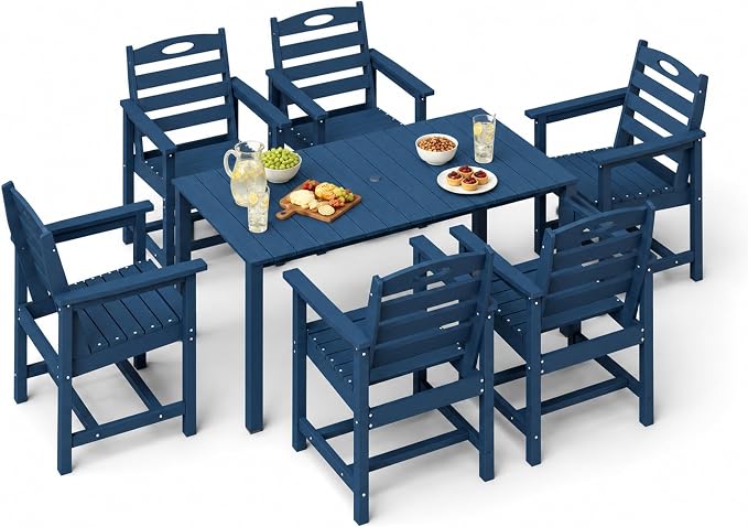 Domi HDPE Outdoor Dining Set, All-Weather 7 Piece Outdoor Dining Table Set with 2" Umbrella Hole, Outdoor Patio Dining Set for Garden, Poolside, Backyard, Deck, Blue