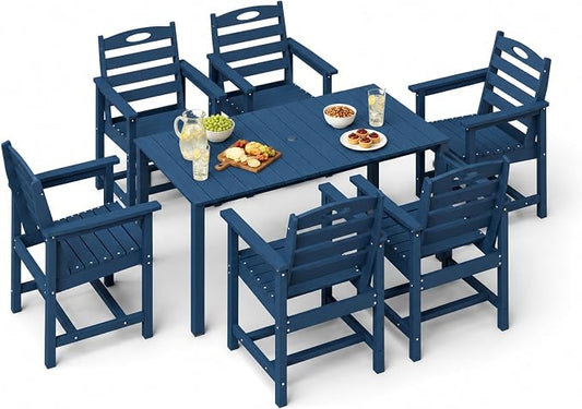 Domi HDPE Outdoor Dining Set, All-Weather 7 Piece Outdoor Dining Table Set with 2" Umbrella Hole, Outdoor Patio Dining Set for Garden, Poolside, Backyard, Deck, Blue