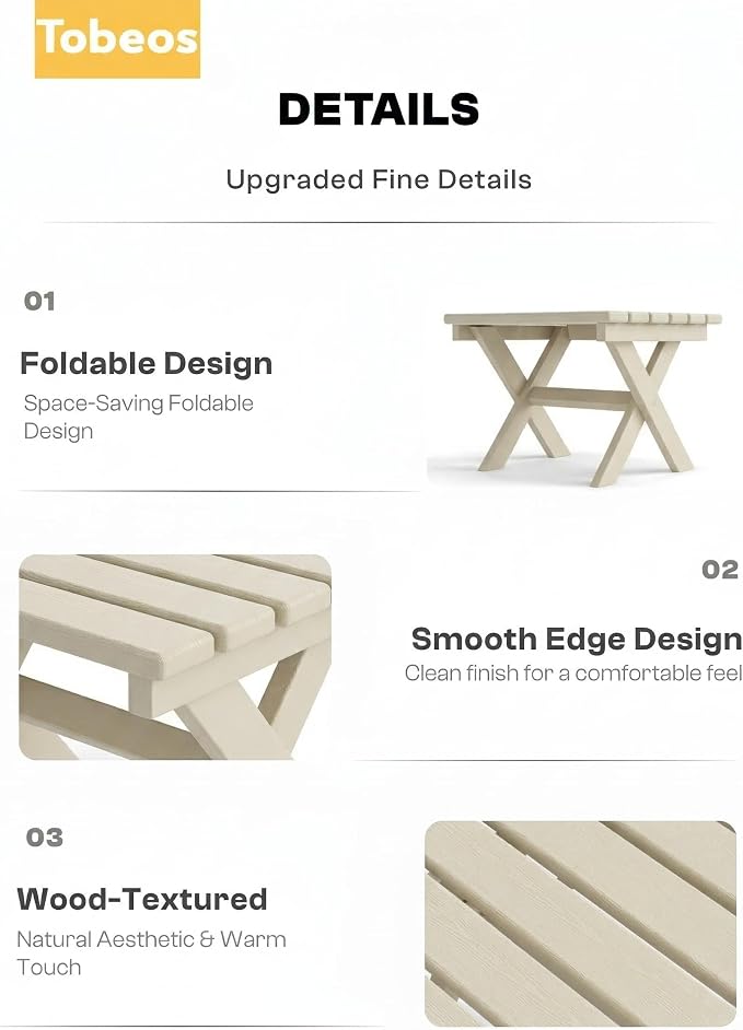 Outdoor Folding Side Table,HDPE Material, Portable Space-Saving Design, Weather-Ready with Authentic Wood-Grain Feel (White, 1 Table)