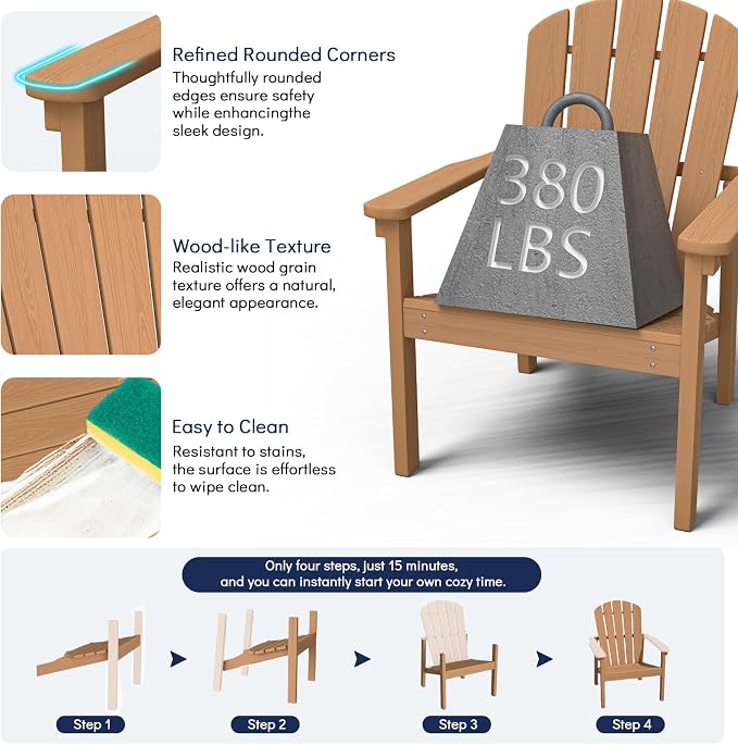 nevilywood Compact Stackable Adirondack Chairs,All Weather HDPE,380lb,Teak | 26.3" Wide HDPE.All-Weather Outdoor.Maintenance-Free.Stackable for Storage.25°Curved Straight Backrest.Quick Assembly