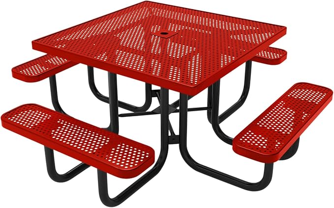 COATEDOUTDOORFURNITURE Heavy-Duty Portable Outdoor Picnic Table with Umbrella Hole, Punched Steel Commercial-Grade Patio Dining Furniture Made in America (46" Square Top, Red)